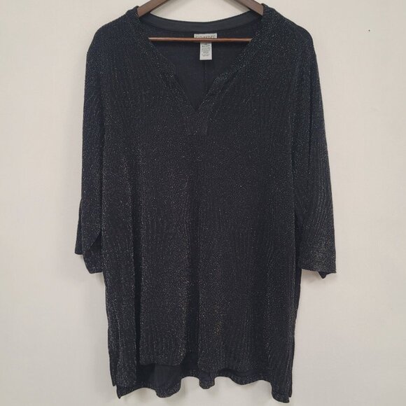 Catherines Womens Artsy Glitter Y Neck Top Size 2X Black Office Career Stretch - Picture 1 of 10